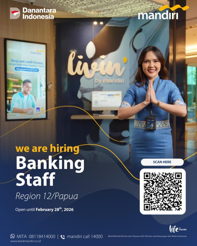 Bank Mandiri membuka kesempatan berkarier melalui posisi Banking Staff dan Kriya Mandiri bagi talenta terbaik untuk turut mengembangkan perekonomian Indonesia. Pada posisi ini, kamu akan berperan aktif dalam pengembangan bisnis regional dan ritel dan mendukung operasional perbankan. Yuk, segera daftarkan dirimu melalui link yang terdaftar pada poster! ⏰ Batas akhir pendaftaran: 28 Februari 2026 Bersama Bank Mandiri, mulai perjalanan kariermu sebagai penggerak ekonomi nasional dan jembatan bisnis global 🇮🇩✨ #BankingStaff #KriyaMandiri #LifeAtMandiri